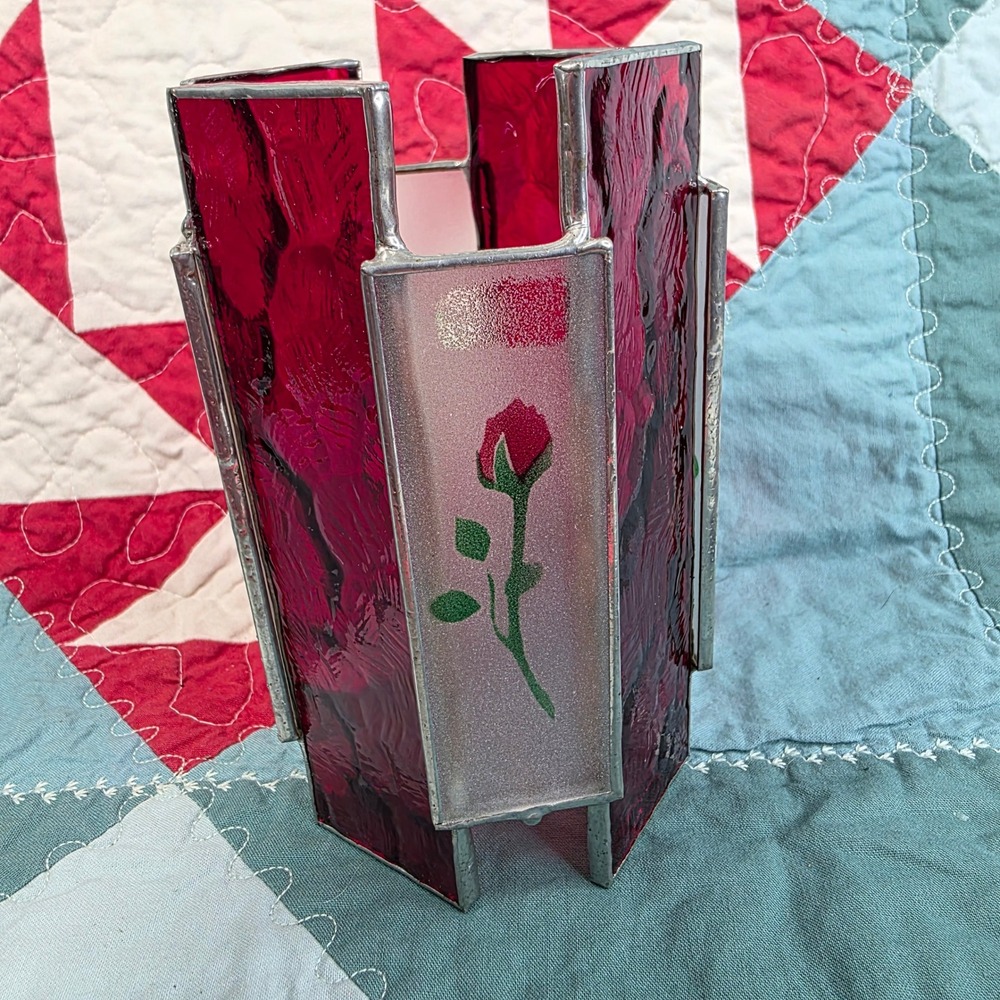 Pilar Candle Holder Red Stained Glass Panels Rose Motif